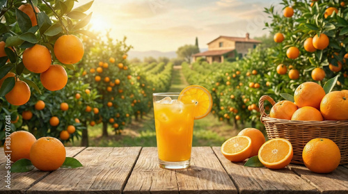 Fresh orange juice glass. Ripe oranges and orange garden on background.