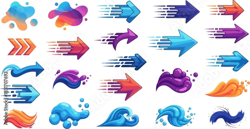 Dynamic vector graphics featuring speed arrows, colorful liquids, and flowing energy shapes.