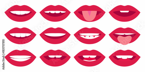 Collection of red lips with different expressions and teeth on white