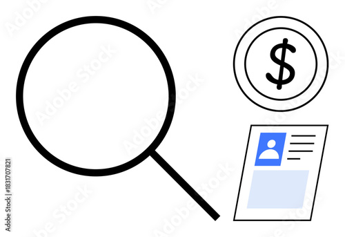 Evaluation concept. Magnifying glass symbol alongside a dollar and user profile, reflecting of financial analysis, user identification, and assessment. Ideal for finance, HR, and business