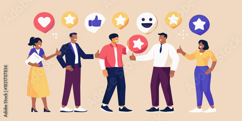 Happy customers giving thumbs up with social media icons illustration