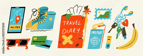 A charming and naive vector illustration set featuring essential travel items. Perfect for children's books, travel blogs, and family vacation planning