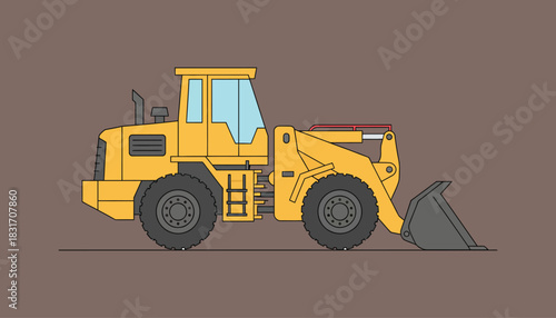 Yellow Wheel Loader Heavy Equipment Illustration on Brown Background – Side View Vector Graphic for Construction & Industry