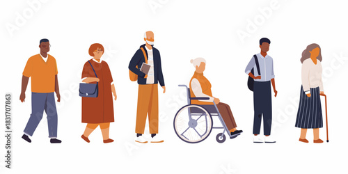 Diverse group of people standing together representing age race and ability