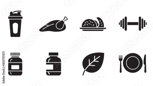 Collection of fitness and healthy eating icons in silhouette style isolated on white background