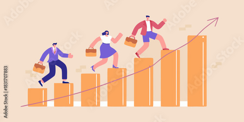Team climbing bar chart to reach success business growth concept