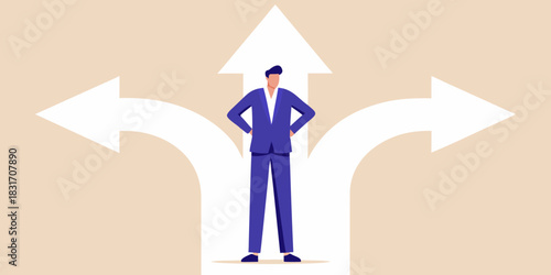 Businessman at a crossroads making a decision about future direction