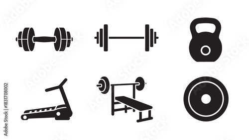 Collection of gym equipment silhouettes including dumbbells treadmill kettlebell barbell bench and weight plate isolated on white background