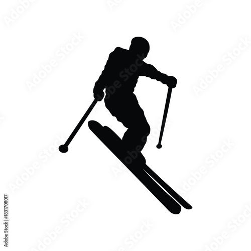 Ski athlete extreme winter snow sport player silhouette black and white vector in dynamic pose