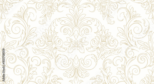 Elegant vintage damask pattern with intricate swirling floral motifs in soft beige tones suitable