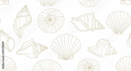 Seamless Pattern of Elegant Seashell Outlines in Soft Neutral Tones for Coastal Decor
