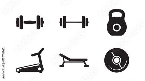 Collection of fitness equipment icons including dumbbells kettlebell treadmill weight bench and plate isolated on white background silhouette