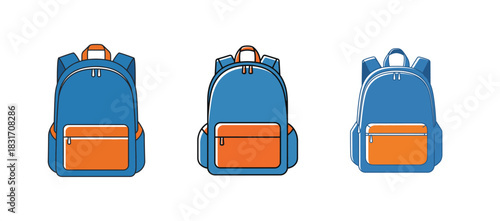 Three blue backpacks with orange pockets and handles, arranged on a white background.