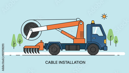 Cable Installation Utility Truck with Crane and Spool. Flat Design Illustration for Telecommunication, Power Line, and Infrastructure Work.