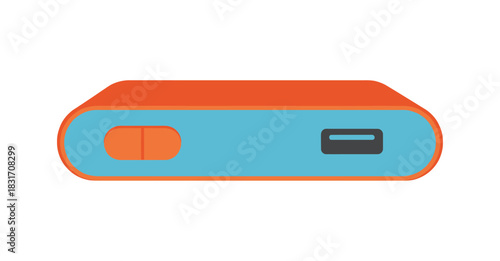 Side view of a colorful portable power bank with a USB port and button, isolated on a white background.