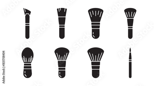 Collection of eight different makeup brushes in black silhouette isolated on white background