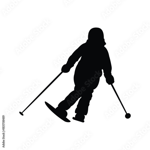 Ski athlete extreme winter snow sport player silhouette black and white vector in dynamic pose