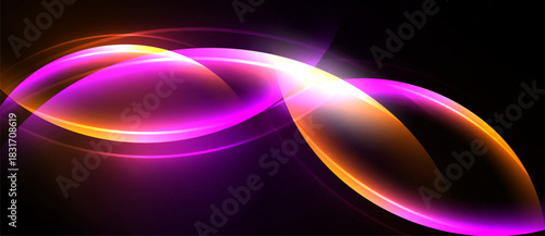 Abstract design features vibrant curves, glowing lines, contrasting colors. Dark background emphasizes luminous shapes, creating dynamic visual effect.