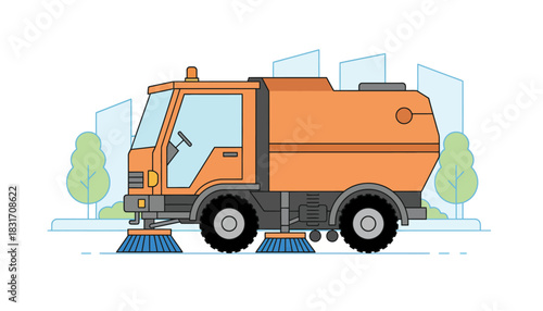 Urban Street Sweeper Truck Vector Illustration. City cleaning vehicle for municipal maintenance, road sweeping, and hygiene services. Flat line art design.