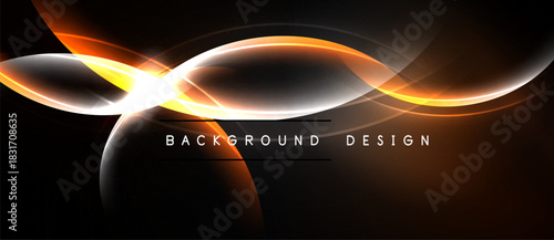 Abstract design features flowing orange lines, white highlights, dark background. Modern aesthetic, dynamic curves create visual interest.