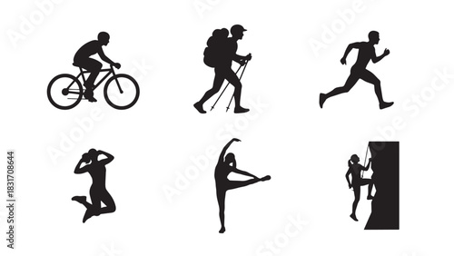 Collection of six diverse athletic activity silhouettes isolated on white background