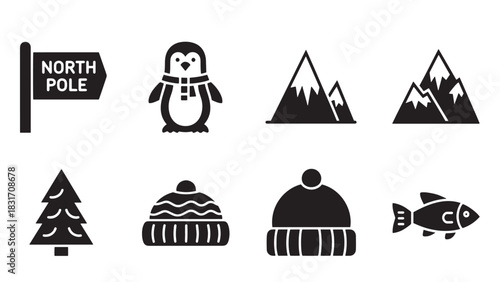 Collection of winter and arctic themed icons including a north pole flag penguin mountains christmas tree hats and fish silhouette isolated on white background