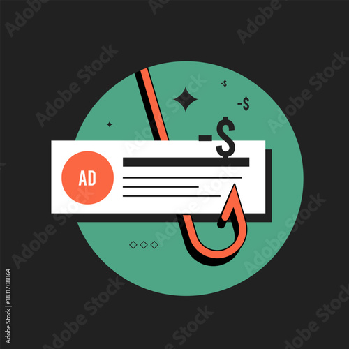 Clickbait ad scam hooks users with dollar bait as clickbait ad scam lures fake clicks for fraud revenue in bold flat green vector illustration for 2026 digital marketing risks vector icon illustration