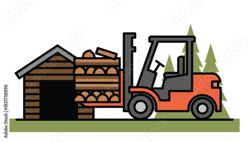 Forklift Loading Stacked Logs into a Woodshed with Trees in the Background - Flat Design Illustration of Wood Storage and Forestry Logistics