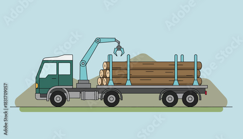 Flat Design Vector Illustration of a Green Logging Truck with Crane Transporting Timber Logs