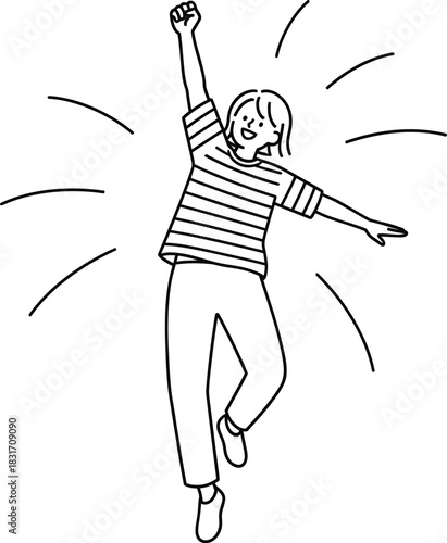 Joyful line art character in a striped shirt jumping with a triumphant fist pump.