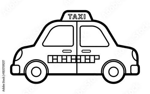 Black and white linear silhouette of taxi cab for kids' coloring pages