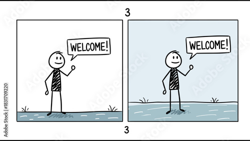 A simple stick figure character says 'Welcome!' in two different settings, one with water and reeds, the other with a clear sky and grass