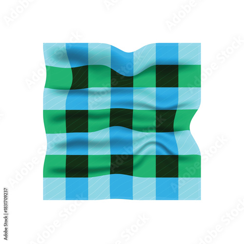 Wavy blue and green checkered fabric pattern on white background