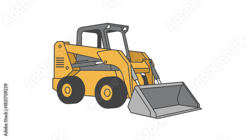 Heavy Equipment Yellow Skid-Steer Loader Vector Illustration with Front Bucket, Flat Design Construction Machine Isolated on White Background for Industrial Projects