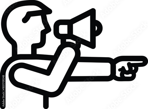 Minimalist line art icon of a person shouting through a megaphone and pointing forward.