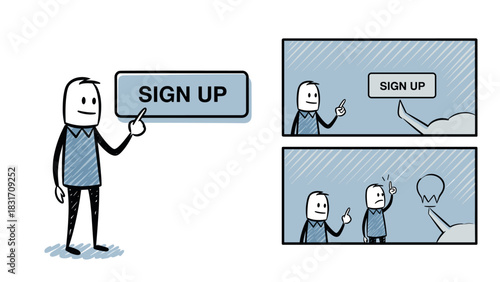A man presses the sign-up button, leading to a comedic consequence in a two-panel illustration