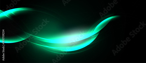 Abstract turquoise waves, luminous glow, dark background. Smooth curves create dynamic visual effect. Minimalist design.