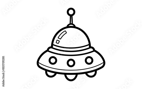 Minimalist black and white ufo: simple line art of futuristic spaceship design