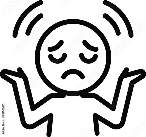 Minimalist line art icon of a sad confused figure shrugging helplessly with trembling lines overhead.