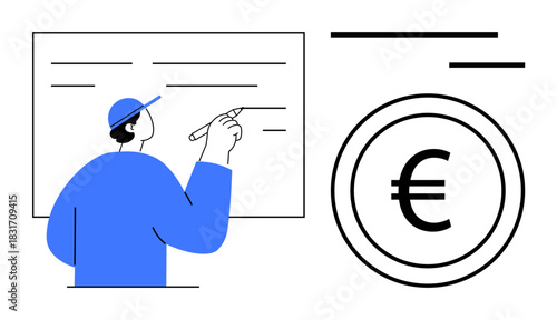 Individual writing on board with Euro symbol, representing financial planning. Ideal for education, finance, strategy, analysis, budgeting, economics and training. Simple flat metaphor