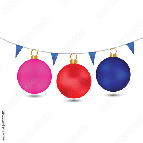 Shiny colorful baubles and blue party flags hanging on a string