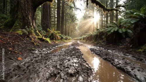 Muddy forest path sunlight rays nature overgrowth damp ground