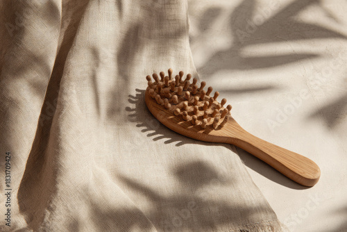 Scalp massage hair care brush rests on soft beige fabric with natural light and shadow creating calm relaxing atmosphere for daily beauty routine