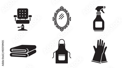 Collection of six black silhouette icons representing hairdressing and beauty salon tools isolated on white background silhouette