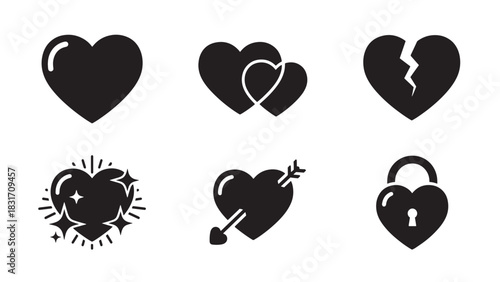 Collection of six distinct black heart shape silhouettes representing love romance and broken hearts isolated on white background silhouette