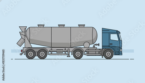 Modern Flat Design Bulk Cement Tanker Truck Vector Illustration on Light Blue Background, Side View