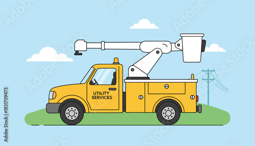 Yellow Utility Services Bucket Truck with Boom Lift in Flat Line Art Illustration Style, Depicting Power Line Maintenance Vehicle