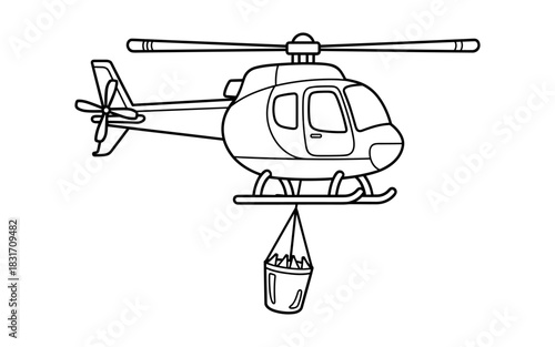 Helicopter with water bucket in linear style for firefighting concepts