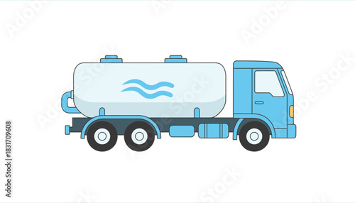 Light Blue Water Tanker Truck Flat Design Illustration with Wave Symbol, Side View for Liquid Delivery and Supply