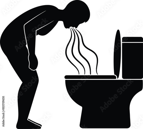 Silhouette icon of a person bent over a toilet experiencing nausea and vomiting.